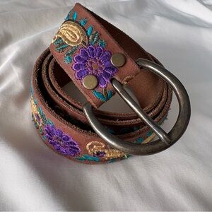 Lucky Brand Leather Belt Embroidered Floral Brown Purple Yellow Boho EUC